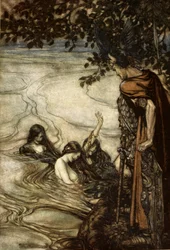 &39;Embora alegremente vos possa rir, no pesar você deve ser deixado. Para empregadas zombeteiras, este anel que pedirdes nunca será seu, ilustração de "Siegfried e o Crepúsculo dos Deuses", 1924